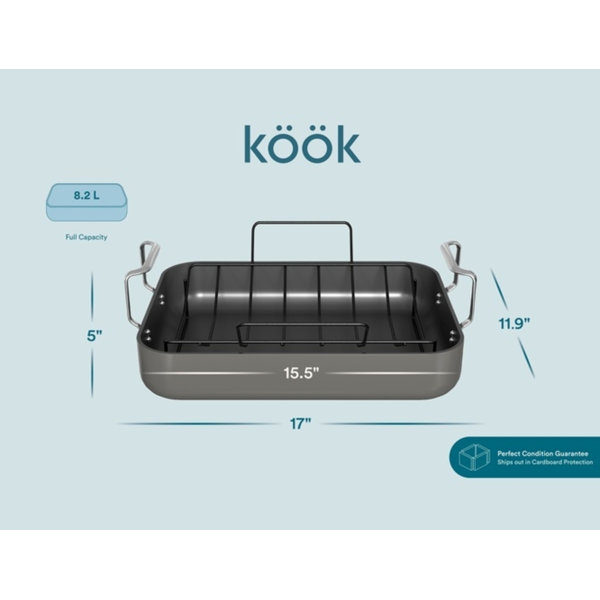 kook 17.1'' NonStick Hard Anodized Aluminum Roasting Pan with Rack